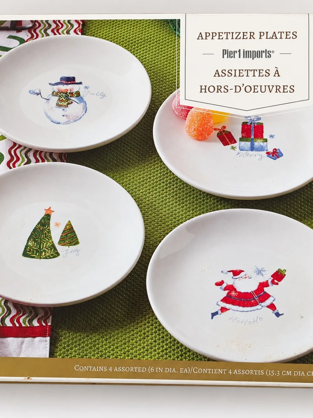 Pier 1 Holiday Appetizer Plates - White with Festive Prints (Set of 4)